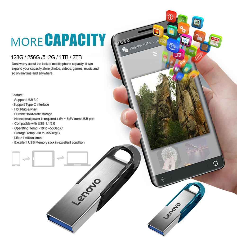Lenovo Flash Drives 2TB Usb 3.0 Mini High Speed Metal Pendrive 1TB 512GB Stick Portable Drive Waterproof Memoria Storage U Disk
