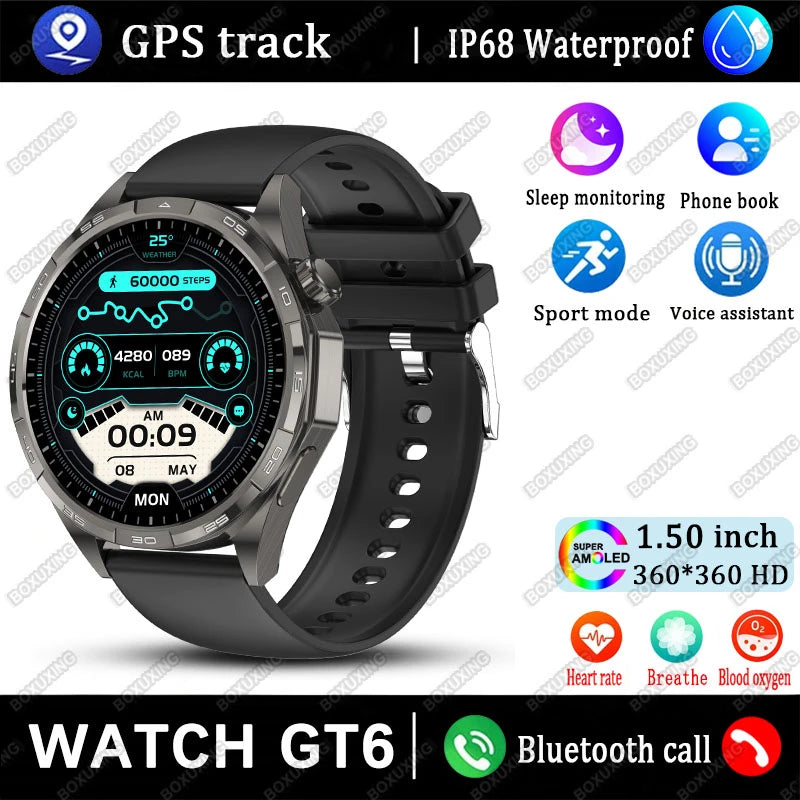 New Watch GT6 Smart Watch Men HD AMOLED Screen GPS Track Always Show Time Waterproof Heart Rate Bluetooth Call Sports Smartwatch
