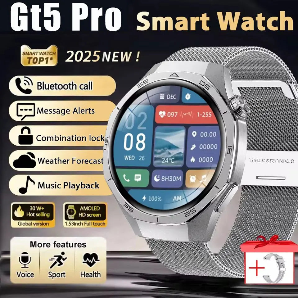 2025 New GT5 Pro GPS Track Smart Watch Men 360*360 AMOLED Screen NFC BT Call Waterproof Health Monitor Man Smartwatches IOS
