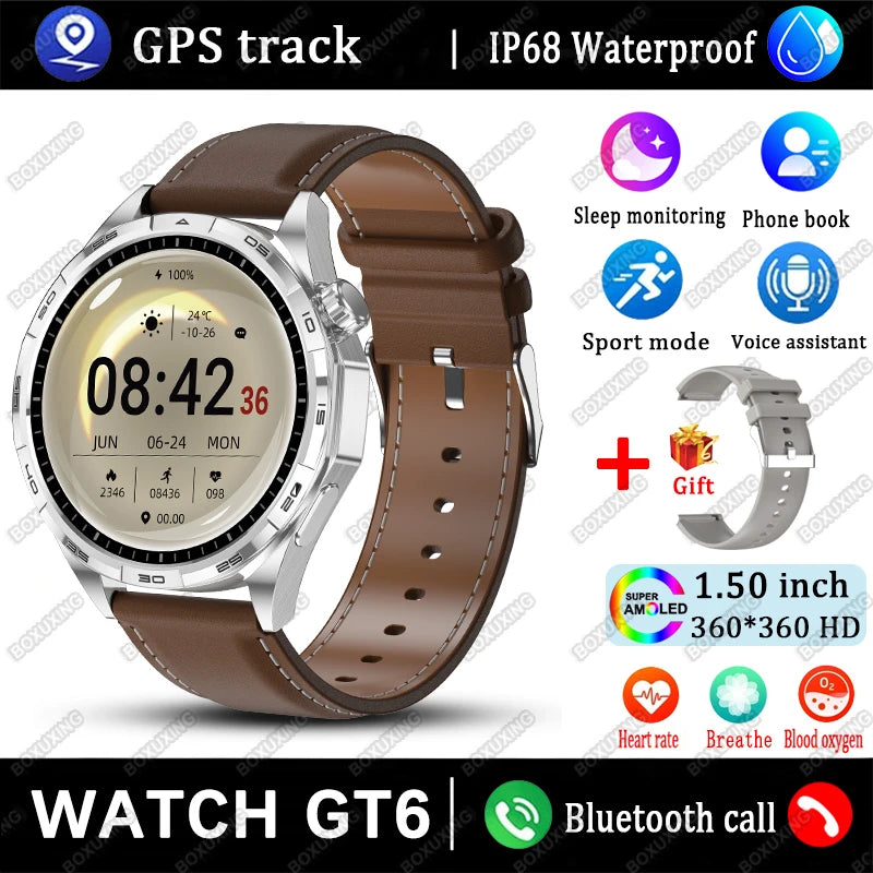 New Watch GT6 Smart Watch Men HD AMOLED Screen GPS Track Always Show Time Waterproof Heart Rate Bluetooth Call Sports Smartwatch