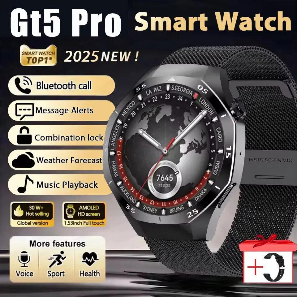 2025 New GT5 Pro GPS Track Smart Watch Men 360*360 AMOLED Screen NFC BT Call Waterproof Health Monitor Man Smartwatches IOS