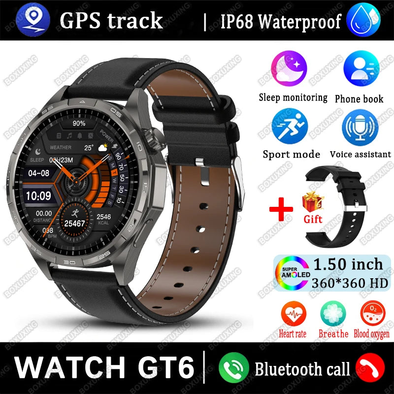 New Watch GT6 Smart Watch Men HD AMOLED Screen GPS Track Always Show Time Waterproof Heart Rate Bluetooth Call Sports Smartwatch