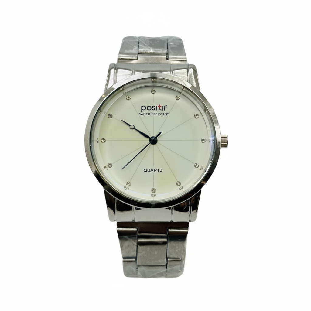 Positif Quartz Analog Watch for Men | Silver Stainless Steel Strap | Minimal Dial with Crystal Markers | Water Resistant