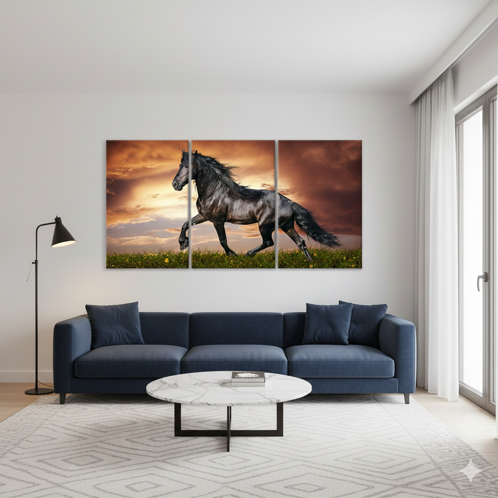 3-Piece Black Horse Wall Décor Photo Tiles | Premium Canvas Art for Living Room &amp; Office