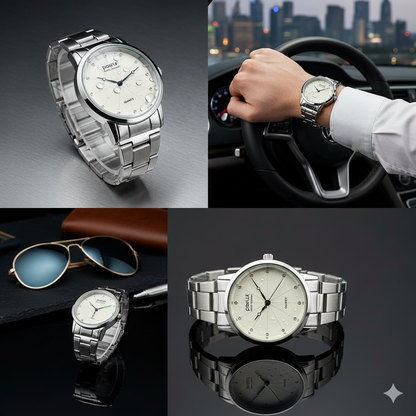 Positif Quartz Analog Watch for Men | Silver Stainless Steel Strap | Minimal Dial with Crystal Markers | Water Resistant