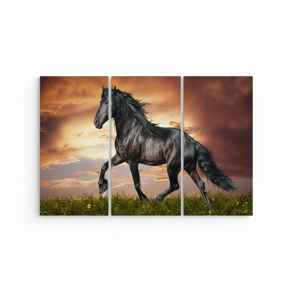 3-Piece Black Horse Wall Décor Photo Tiles | Premium Canvas Art for Living Room &amp; Office