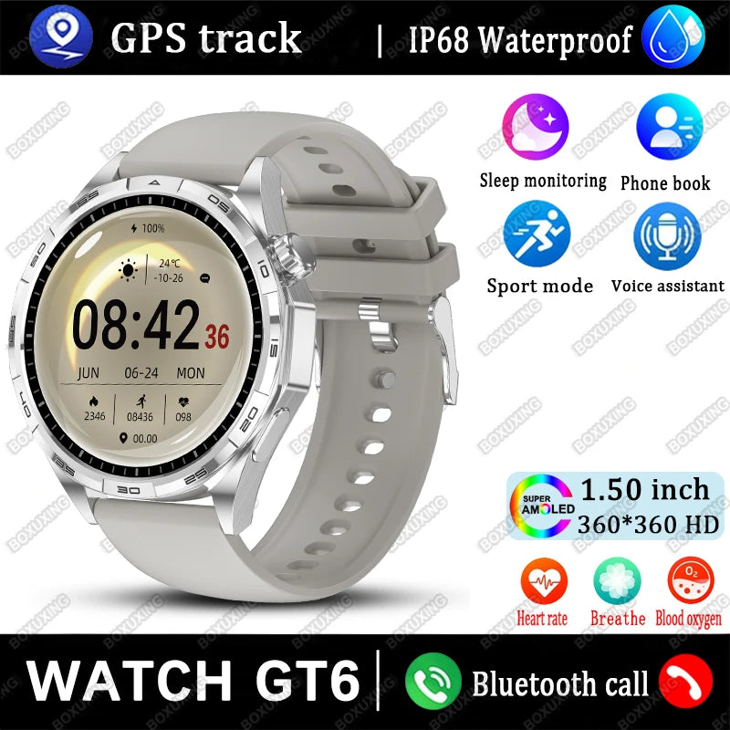 New Watch GT6 Smart Watch Men HD AMOLED Screen GPS Track Always Show Time Waterproof Heart Rate Bluetooth Call Sports Smartwatch