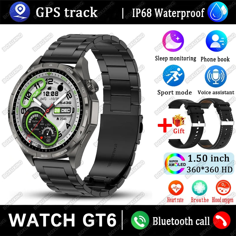 New Watch GT6 Smart Watch Men HD AMOLED Screen GPS Track Always Show Time Waterproof Heart Rate Bluetooth Call Sports Smartwatch