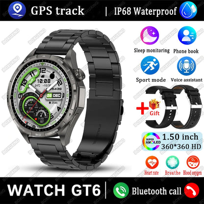New Watch GT6 Smart Watch Men HD AMOLED Screen GPS Track Always Show Time Waterproof Heart Rate Bluetooth Call Sports Smartwatch
