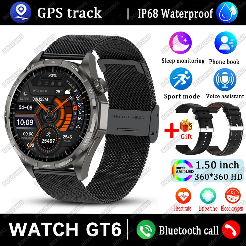 New Watch GT6 Smart Watch Men HD AMOLED Screen GPS Track Always Show Time Waterproof Heart Rate Bluetooth Call Sports Smartwatch