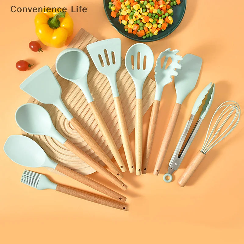 12PCS Silicone Kitchenware Non-Stick Cookware Kitchen Utensils Set Spatula Shovel Egg Beaters Wooden Handle Cooking Tool Set