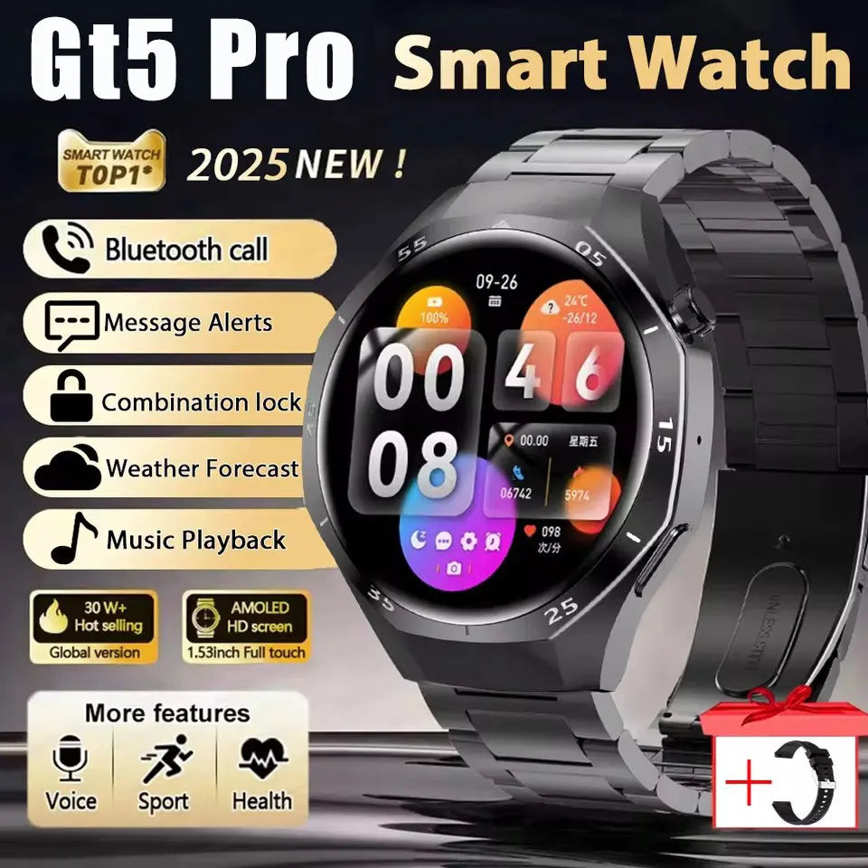 2025 New GT5 Pro GPS Track Smart Watch Men 360*360 AMOLED Screen NFC BT Call Waterproof Health Monitor Man Smartwatches IOS