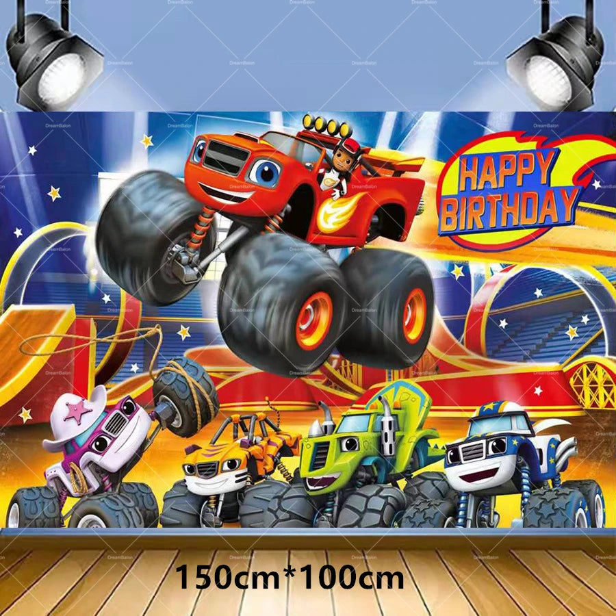 Blaze Monster Balloons Happy Birthday Banner Party Decorations Machines Racing Racecar Cake Toppers Car Disposable Tableware Toy