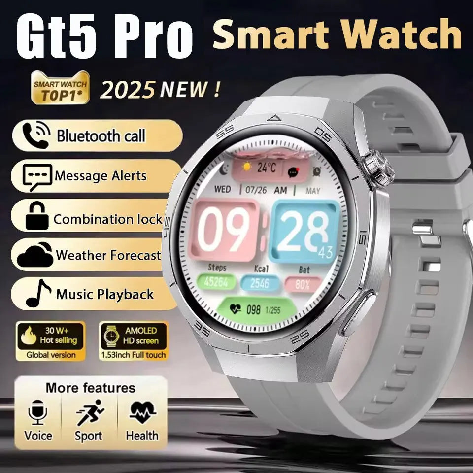 2025 New GT5 Pro GPS Track Smart Watch Men 360*360 AMOLED Screen NFC BT Call Waterproof Health Monitor Man Smartwatches IOS