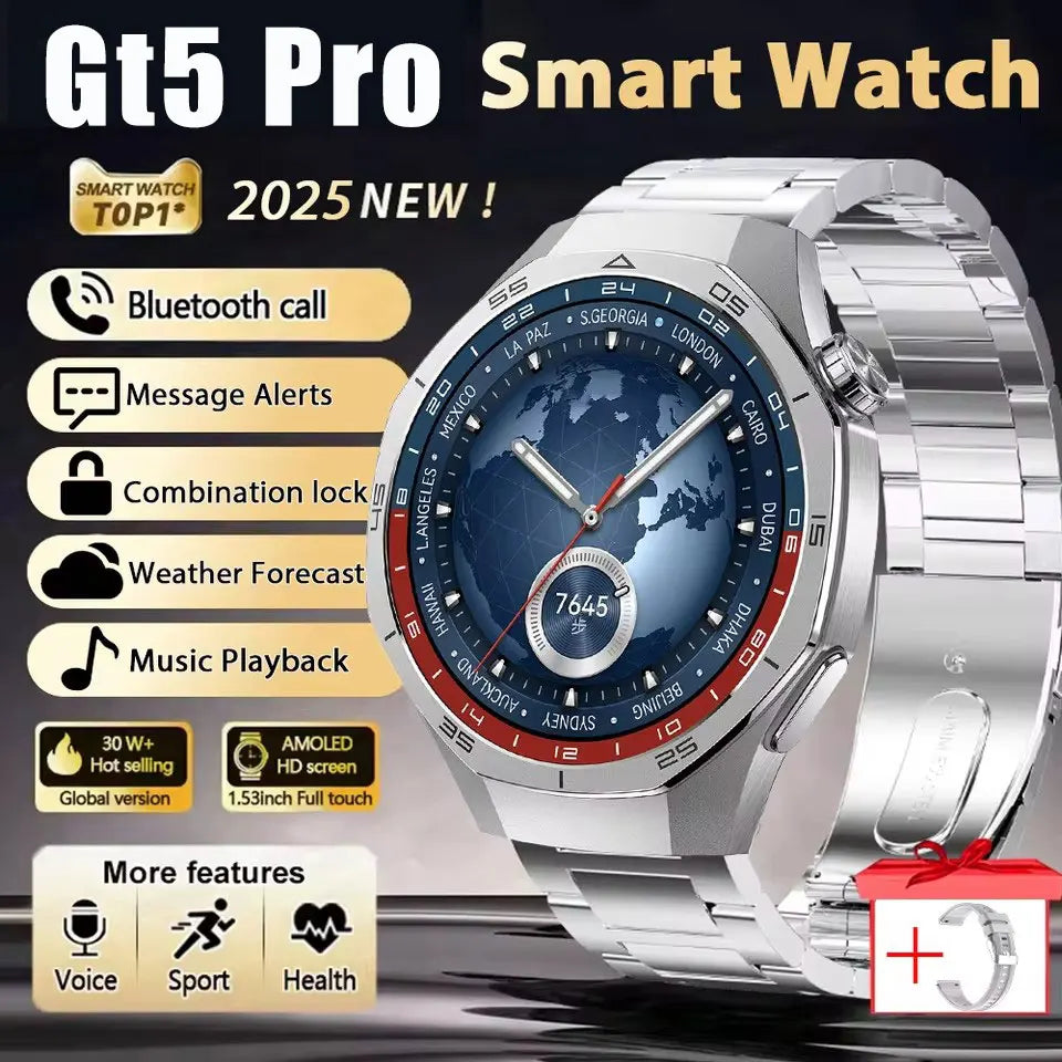 2025 New GT5 Pro GPS Track Smart Watch Men 360*360 AMOLED Screen NFC BT Call Waterproof Health Monitor Man Smartwatches IOS