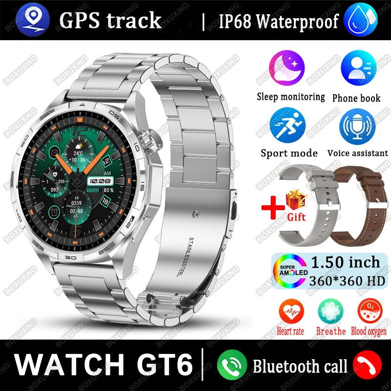 New Watch GT6 Smart Watch Men HD AMOLED Screen GPS Track Always Show Time Waterproof Heart Rate Bluetooth Call Sports Smartwatch