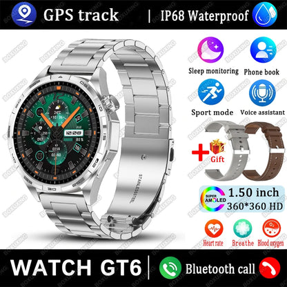 New Watch GT6 Smart Watch Men HD AMOLED Screen GPS Track Always Show Time Waterproof Heart Rate Bluetooth Call Sports Smartwatch