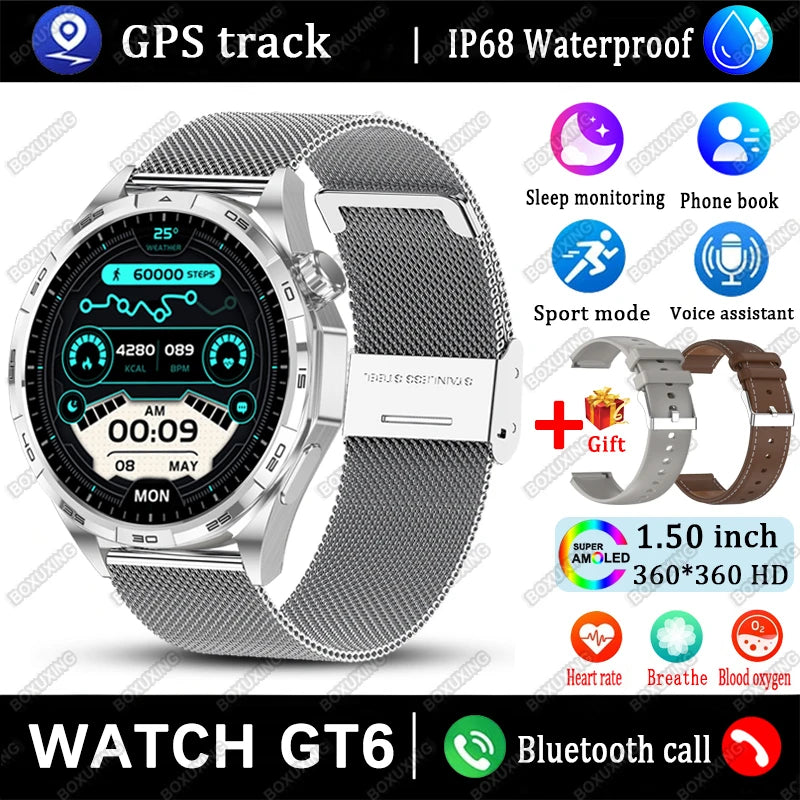 New Watch GT6 Smart Watch Men HD AMOLED Screen GPS Track Always Show Time Waterproof Heart Rate Bluetooth Call Sports Smartwatch