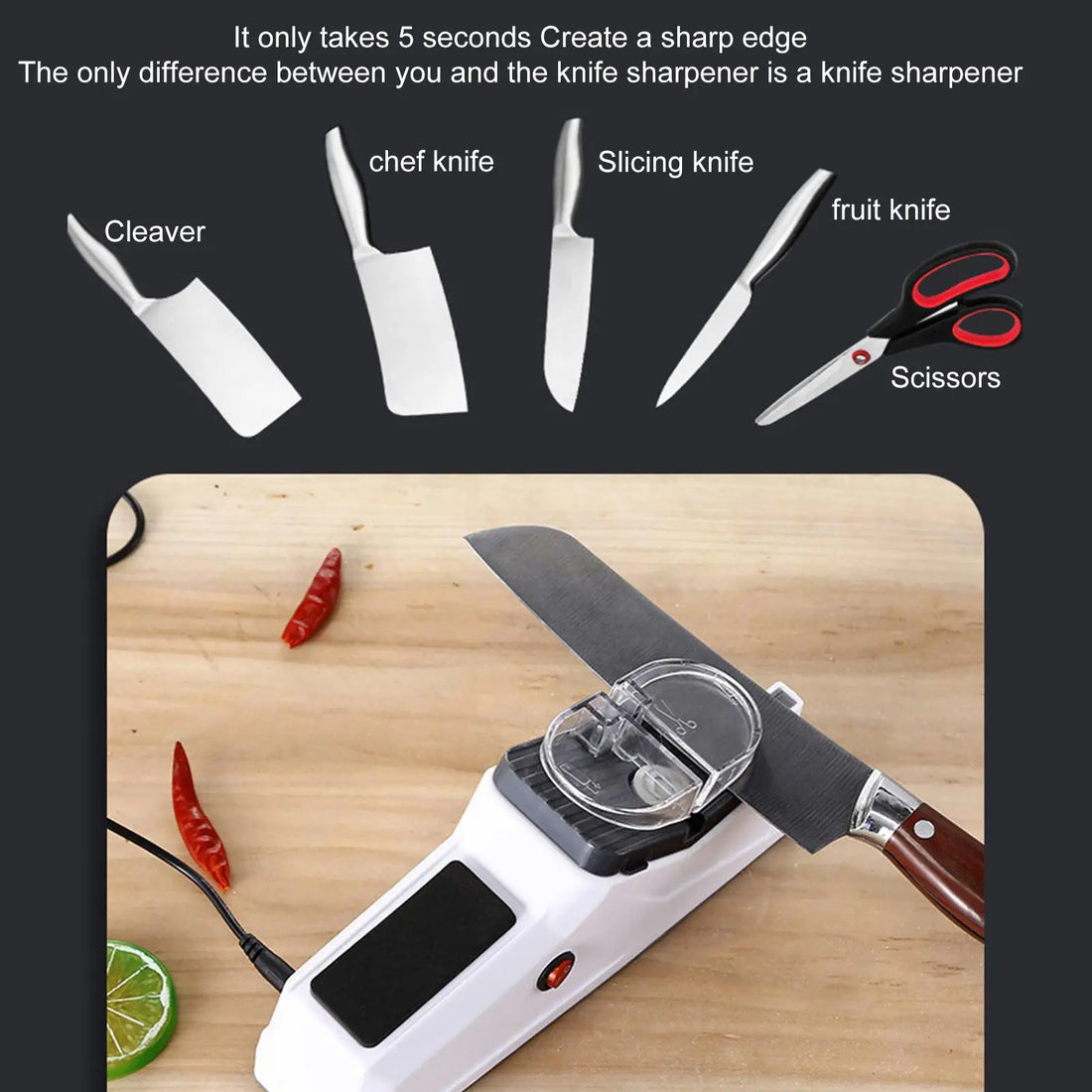 Electric Knife Sharpener Adjustable Kitchen Tool 5 Seconds Quick Sharpening Polishing with Protective Cover for Knives Scissors
