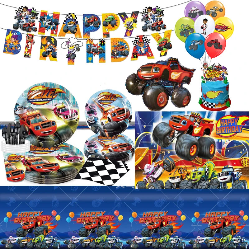 Blaze Monster Balloons Happy Birthday Banner Party Decorations Machines Racing Racecar Cake Toppers Car Disposable Tableware Toy