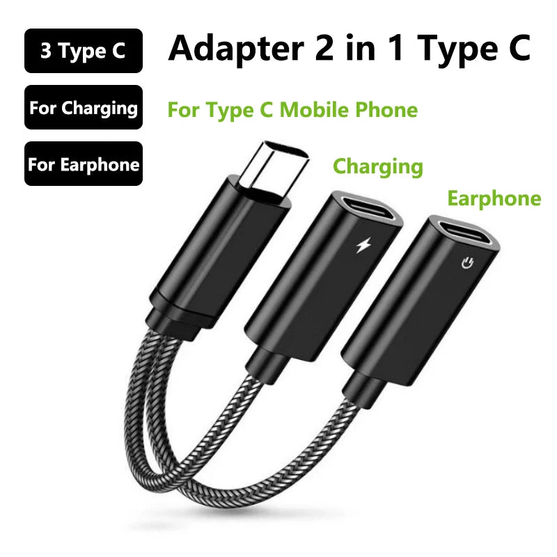 Multi-function Adapter 2 in 1 Type C HiFi Audio and Charger Dual USB C Splitter Earphone Cable Converter