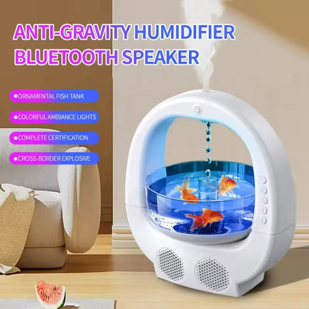 Bluetooth Speaker Humidifier Anti Gravity Water Drop with Fish Tank Colorful Lights for Home Office Desktop Decoration