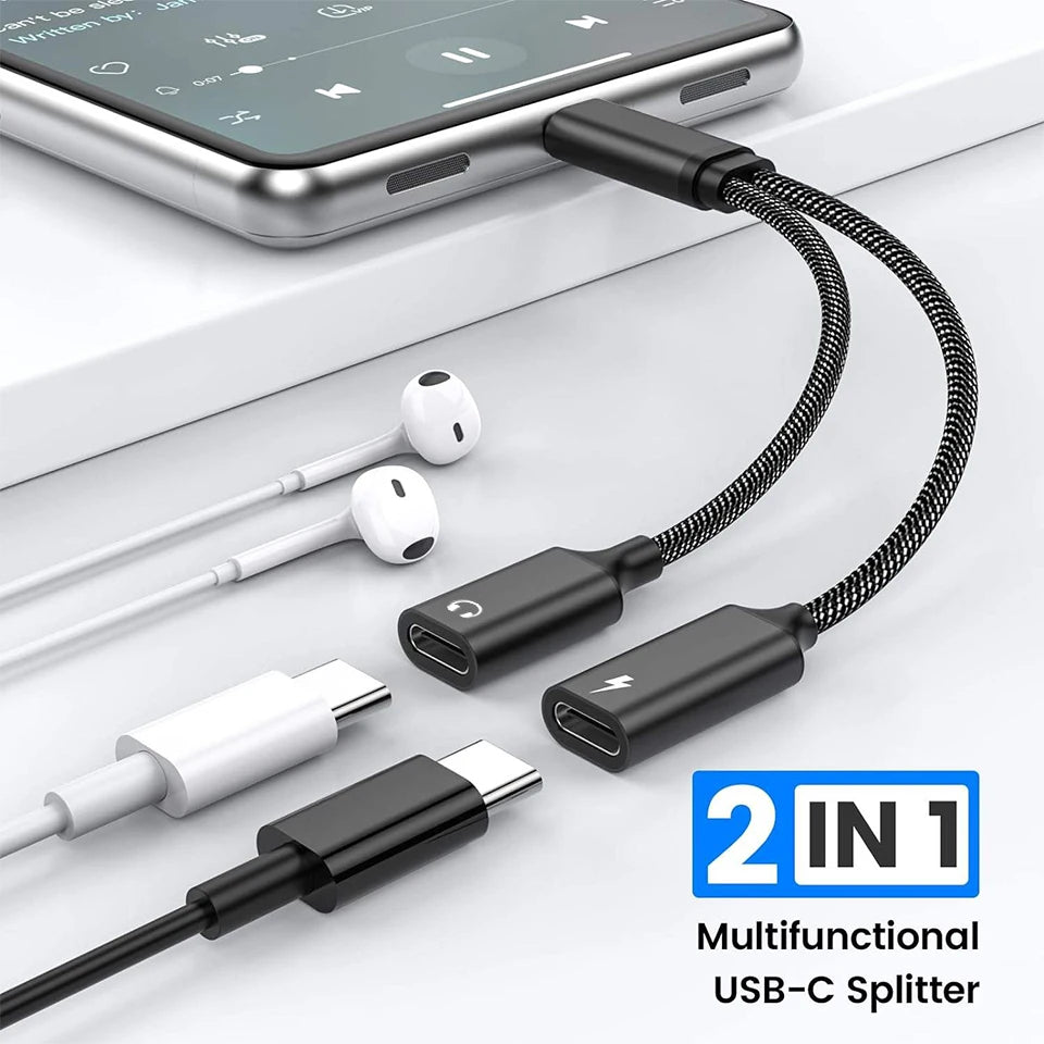 Multi-function Adapter 2 in 1 Type C HiFi Audio and Charger Dual USB C Splitter Earphone Cable Converter
