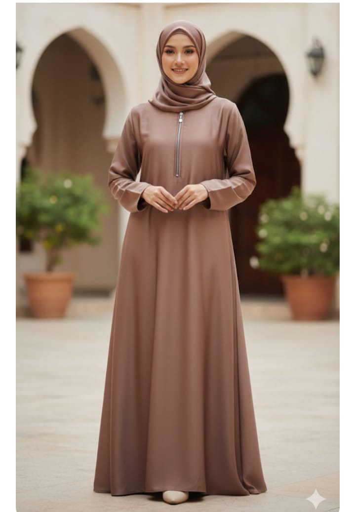 Elegant Mocha Zip-Front Abaya with Matching Hijab