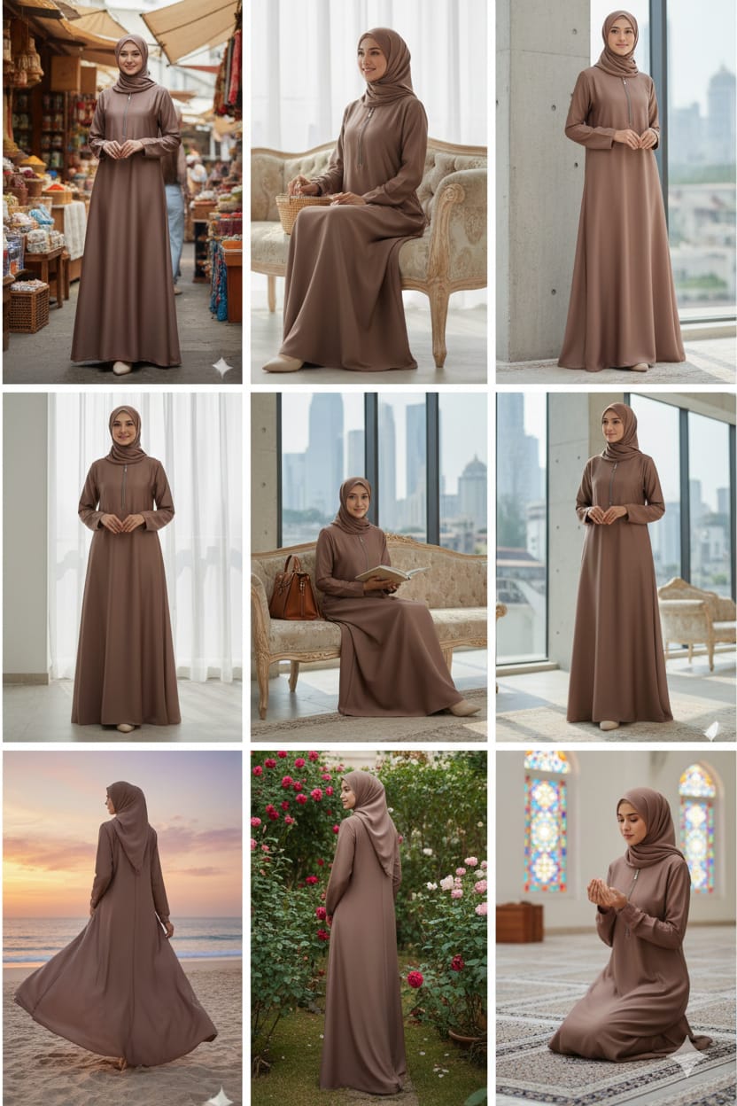 Elegant Mocha Zip-Front Abaya with Matching Hijab